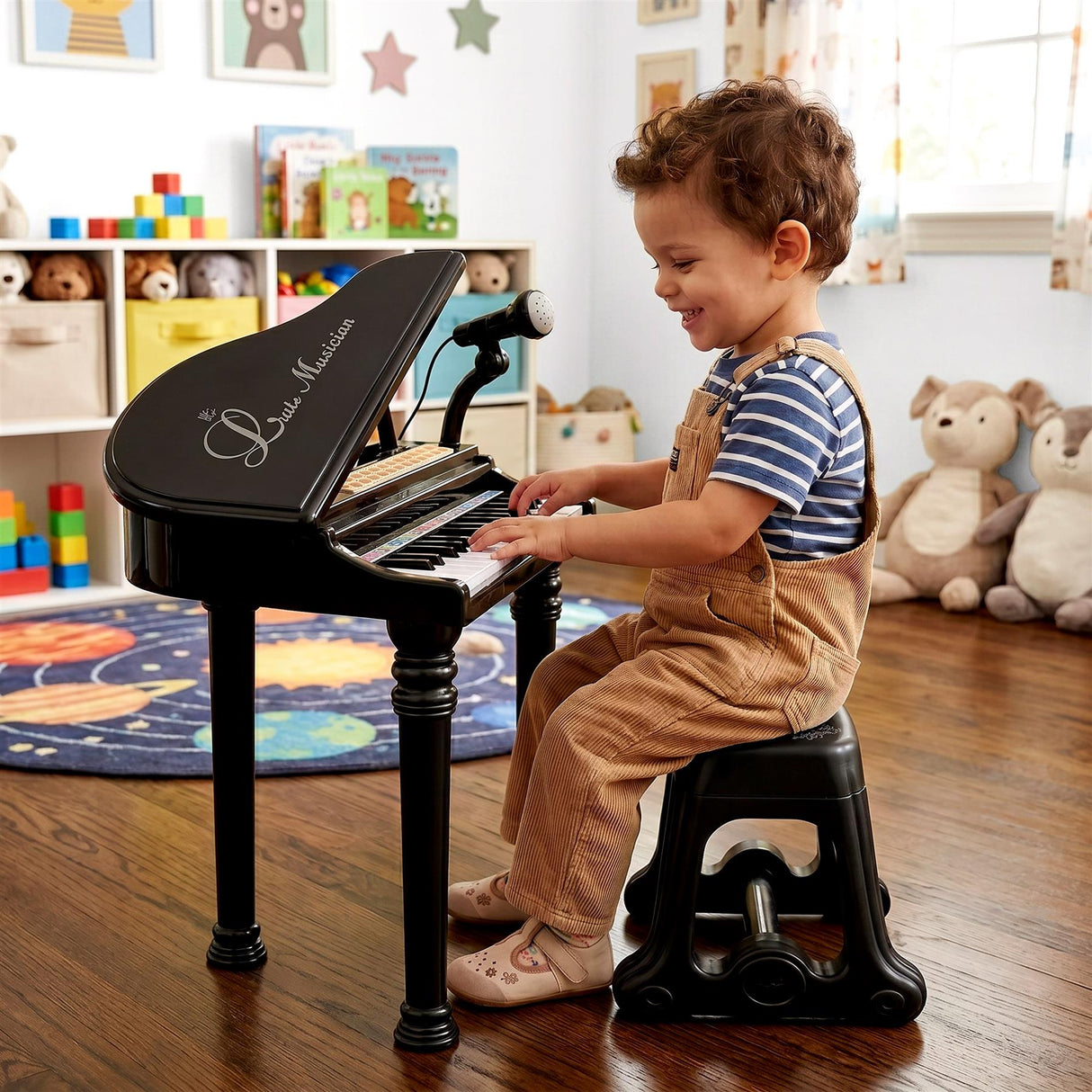 Black Electronic Piano With Microphone and Stool