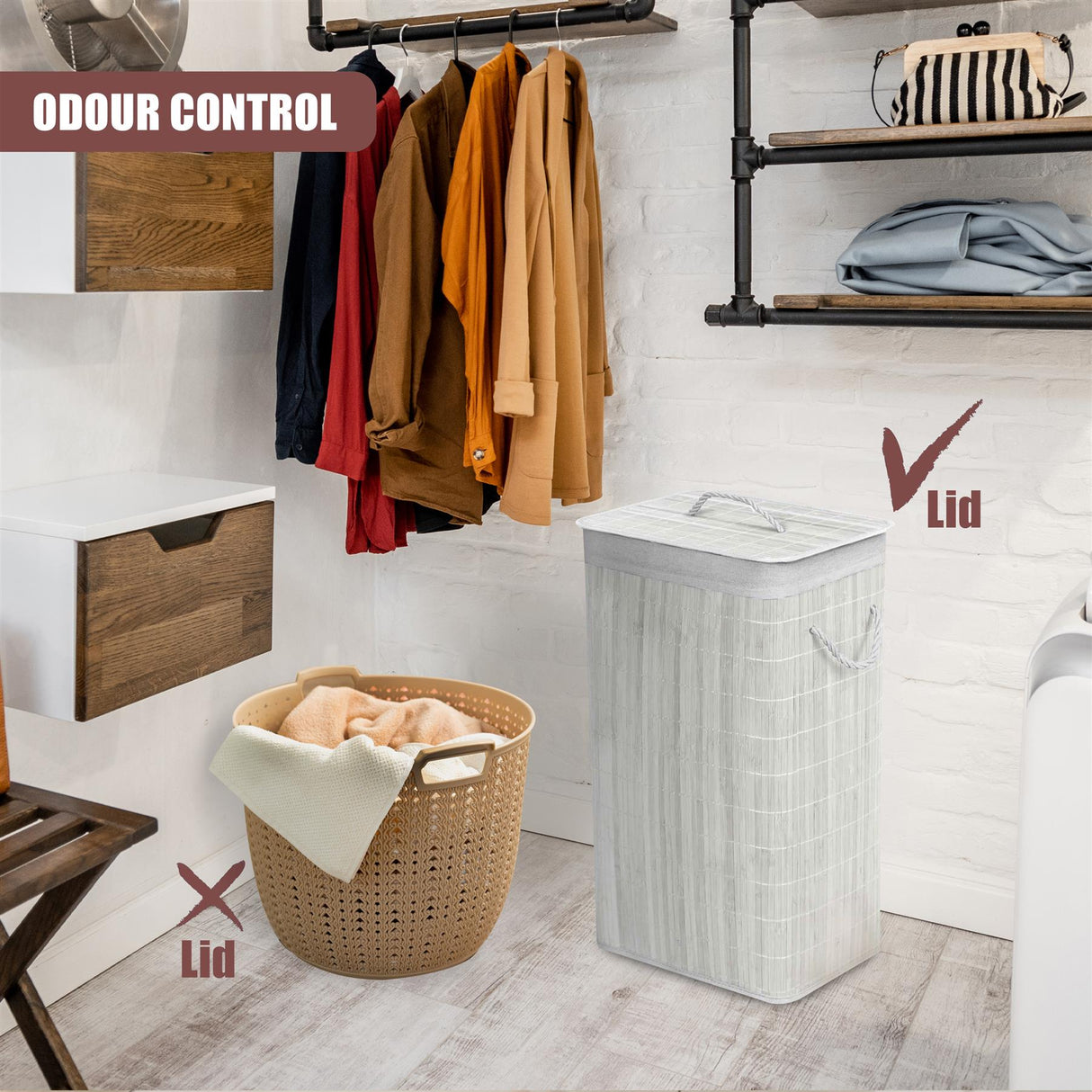 Rectangular Bamboo Laundry Hamper with Lid, White by GEEZY - UKBuyZone