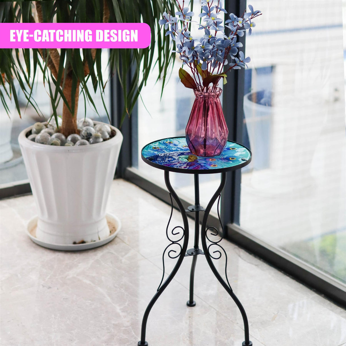 Round Side Mosaic Garden Table With Blue Peacock Design by Geezy - UKBuyZone