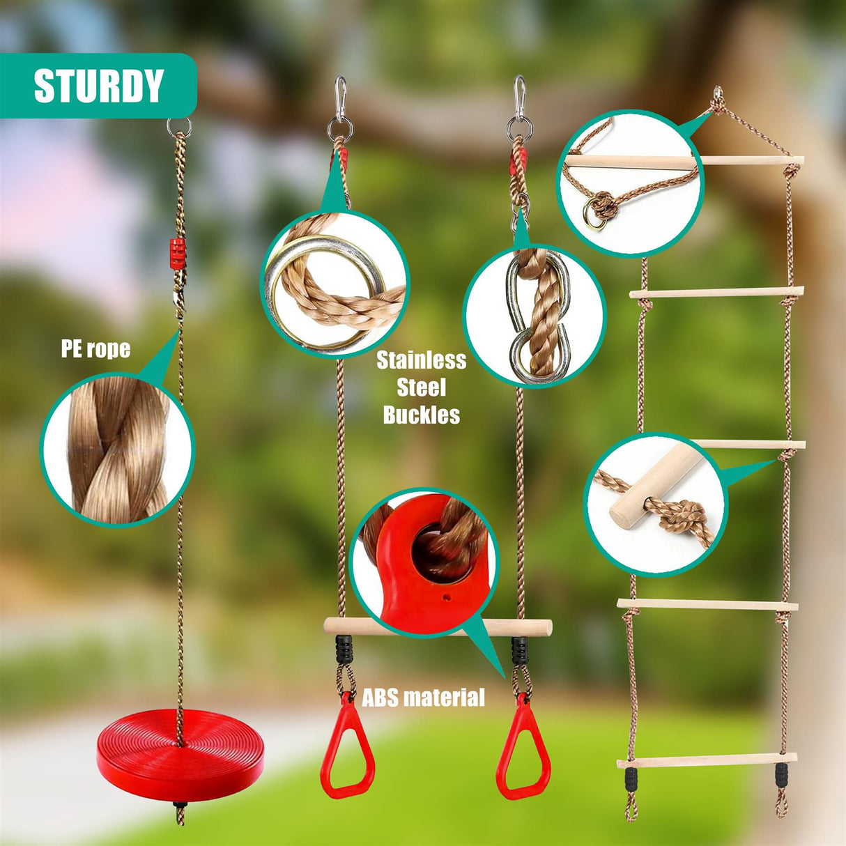 Outdoor play set featuring a rope swing seat, climbing rope ladder, and wooden exercise bars.