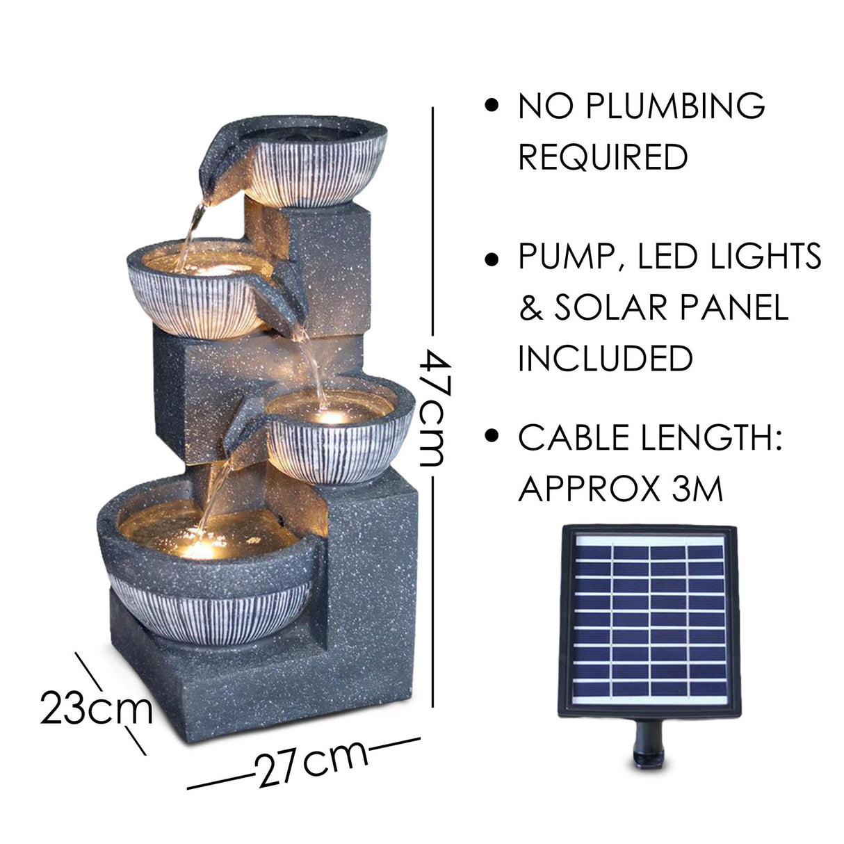 4 Tier Bowl Solar Water Feature Outdoor With LED by GEEZY - UKBuyZone