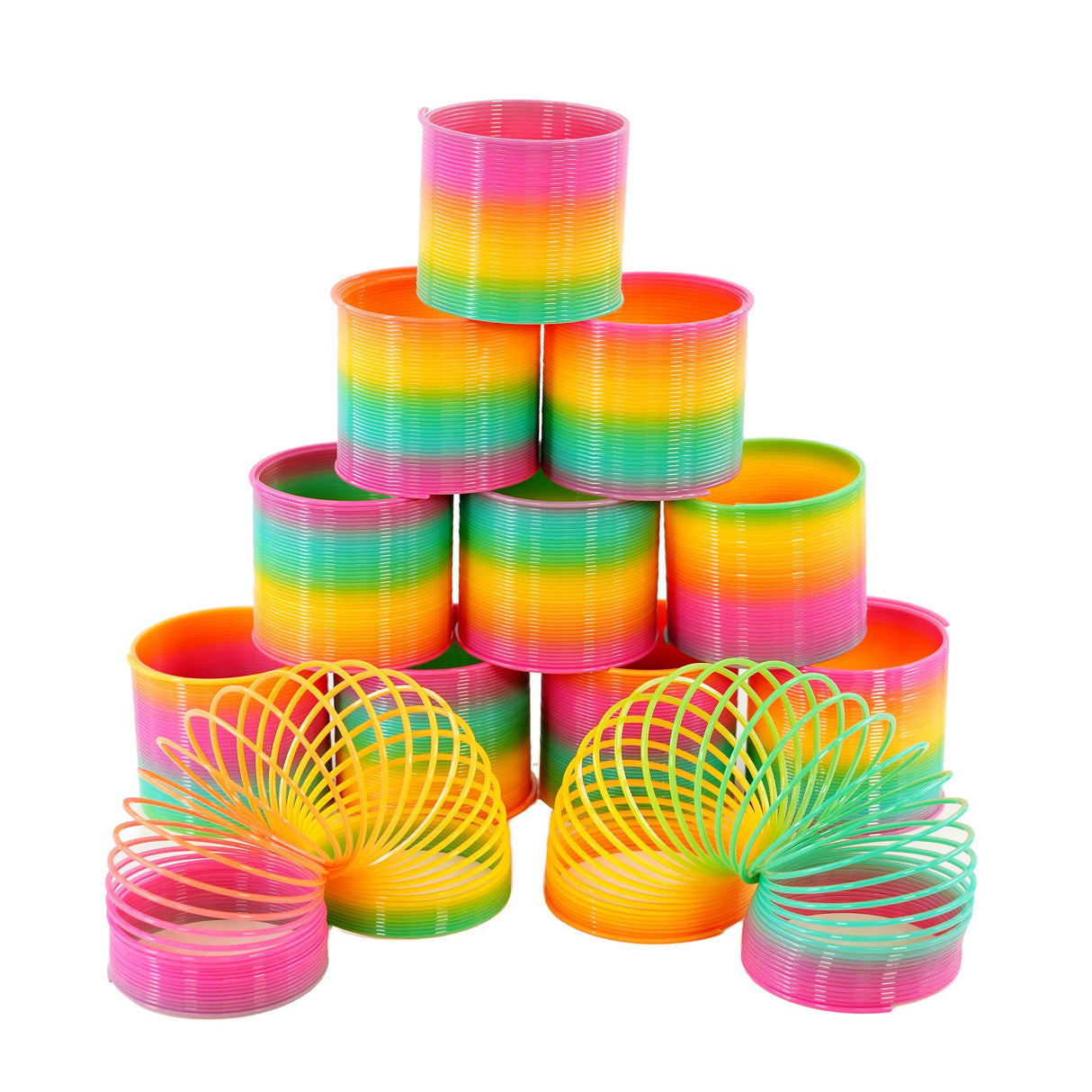 Collection of rainbow plastic cups and coiled, multi-colored plastic rings.