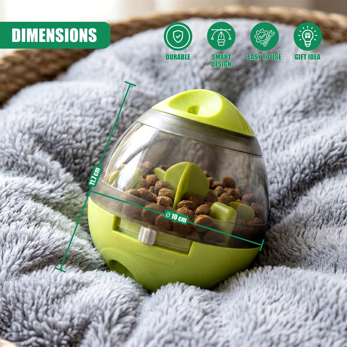 Lime green pet toy dispenser with a clear dome holds pet kibble. Dimensions are marked on the sides.