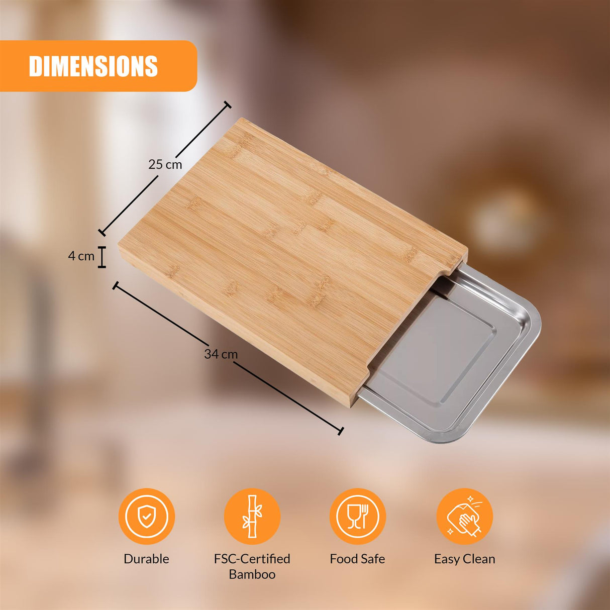 Bamboo Chopping Board with Stainless Steel Tray by GEEZY - UKBuyZone