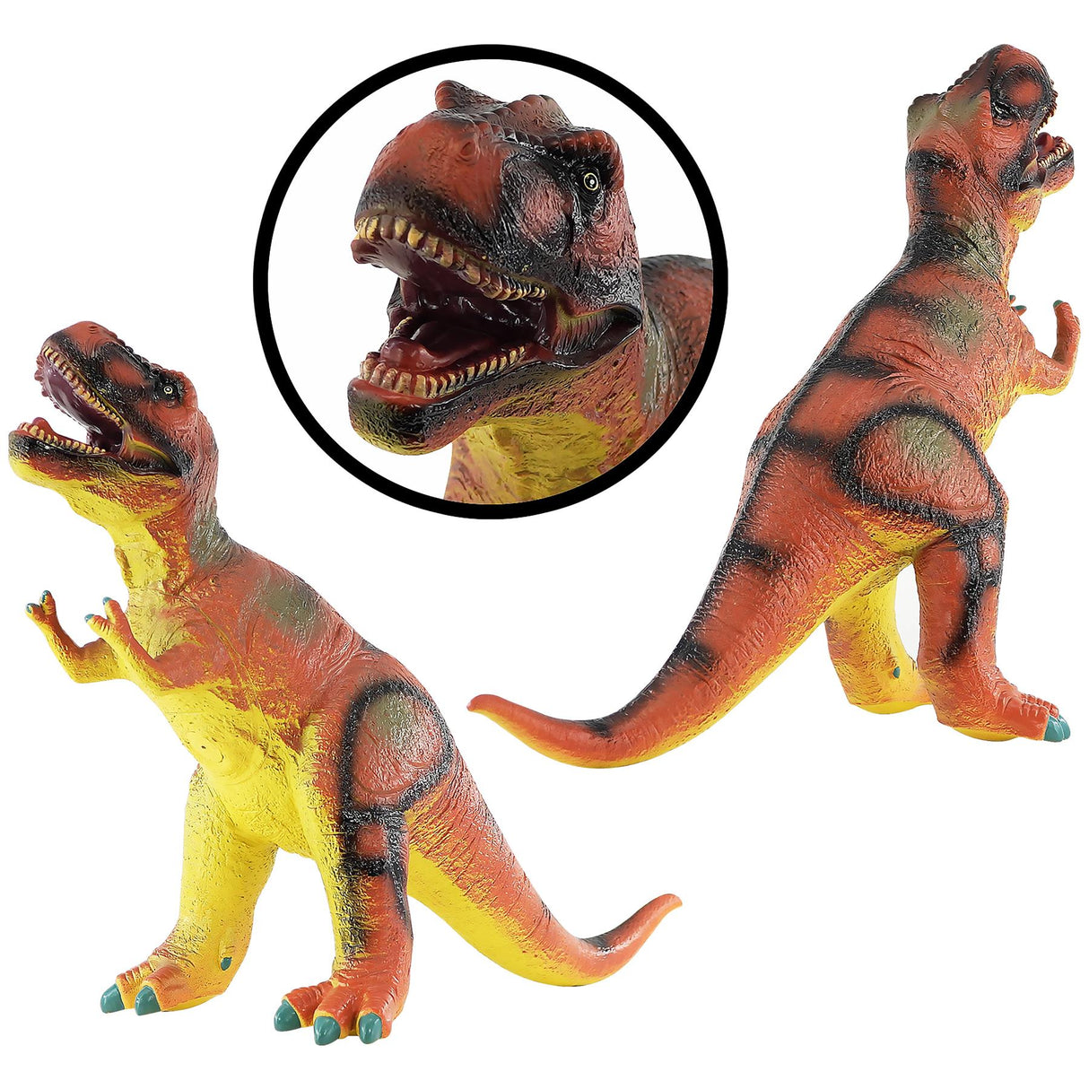 Three foam T-Rex dinosaur toys arranged in a group on a pure white surface.