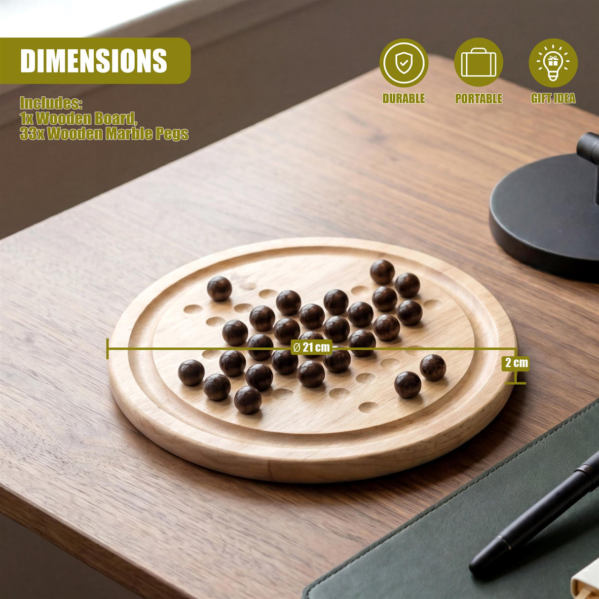 The circular wooden board game shows its pegs arrangement and stated dimensions of 21 cm.