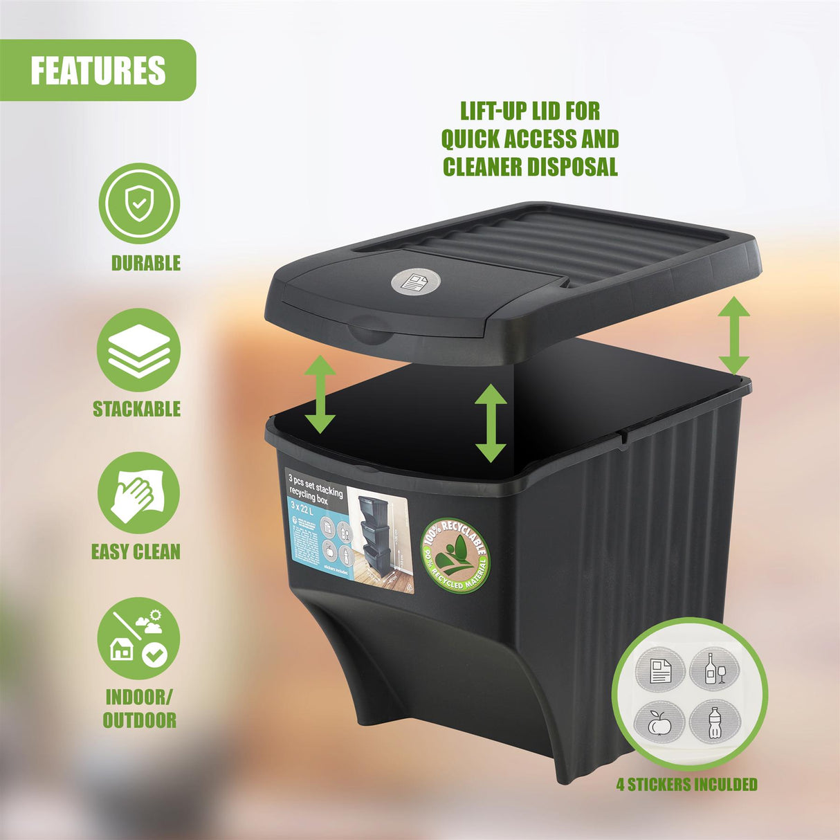 22 L set of 3 Large Plastic Waste Recycling Bin With Lids by Geezy - UKBuyZone