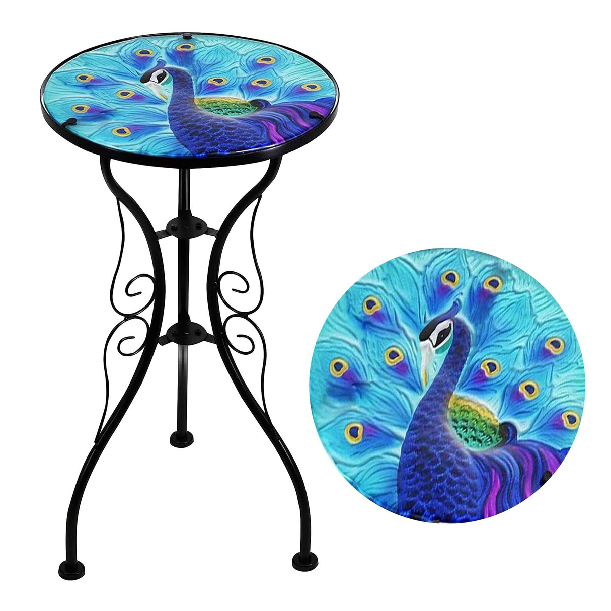 Round Side Mosaic Garden Table With Blue Peacock Design by Geezy - UKBuyZone