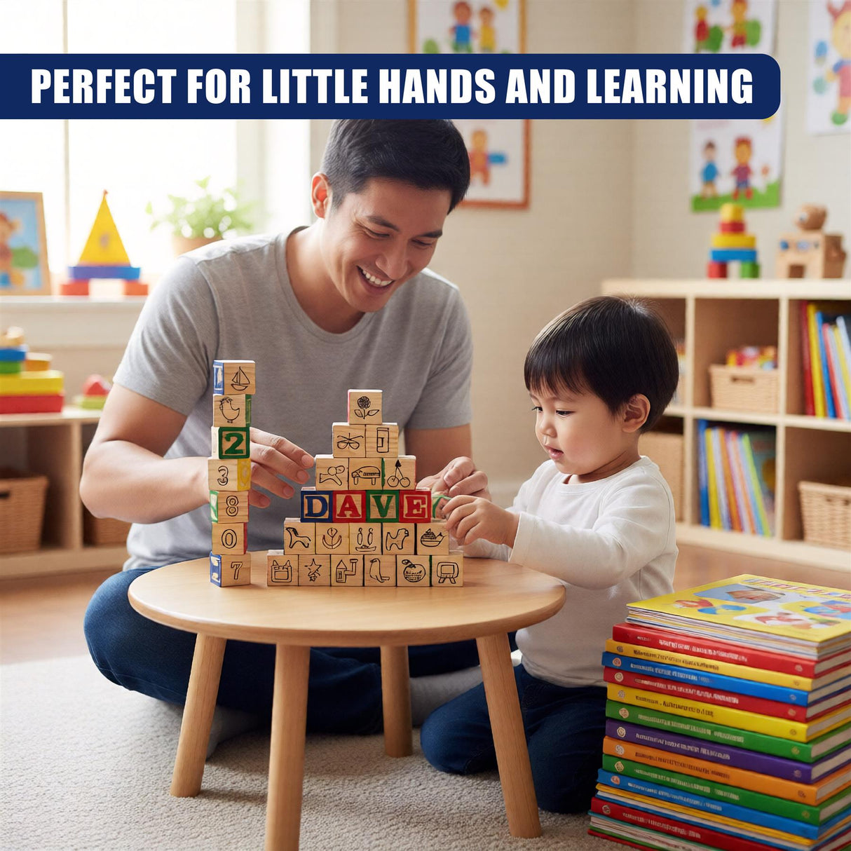 An adult and young child interact with assembled wooden blocks featuring numbers and letters.