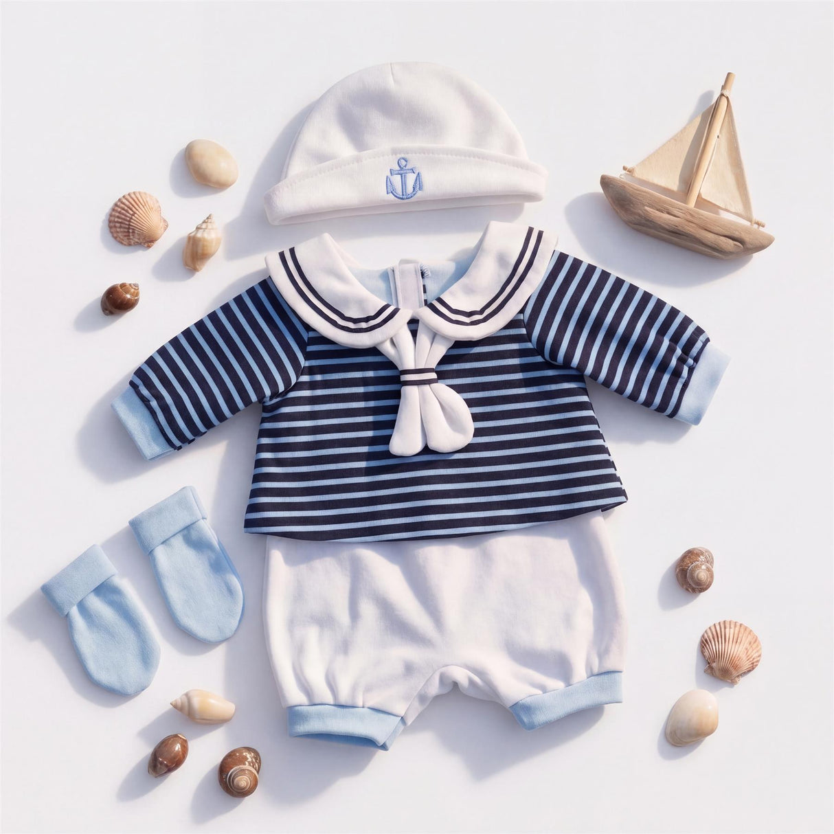 Sailor doll clothing set shown with striped shirt, hat, pants, socks, and miniature wooden sailboats.