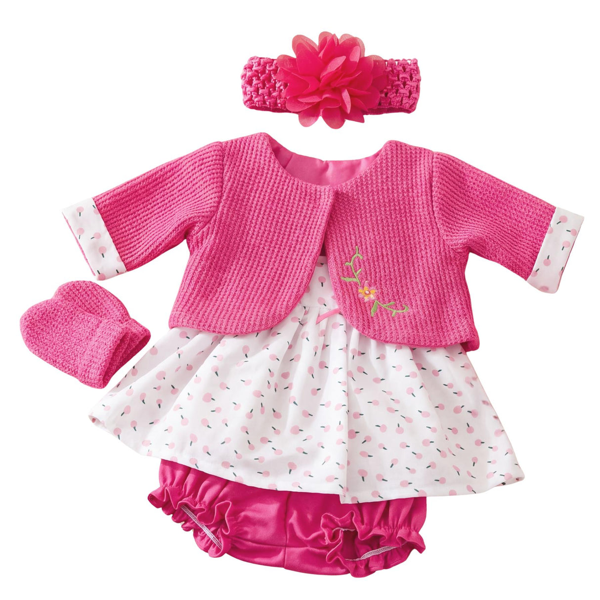Three-piece hot pink doll outfit set: cardigan, patterned skirt, and solid pink bloomers.