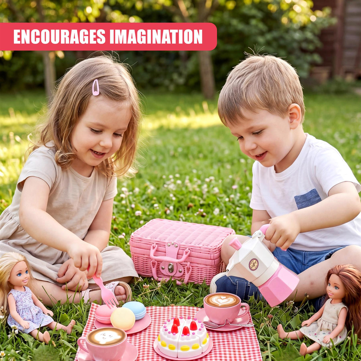 Children play a tea party game with dolls, a pink picnic basket, teacups, and a miniature cake.