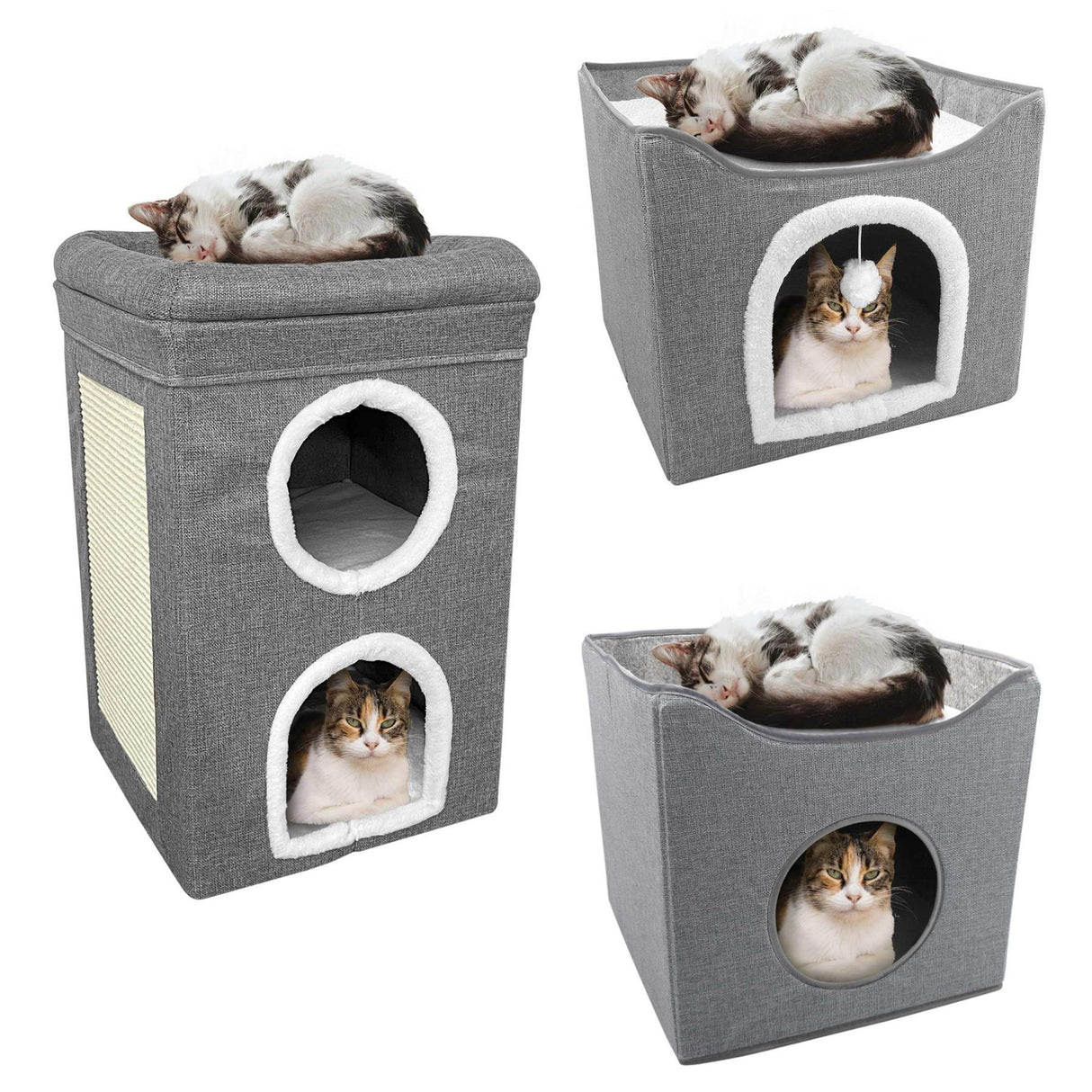 A set of three cozy cat houses with cats inside, placed in a gray storage box. Each house has an open door and a cat curled up inside. One house has two cats snuggled together. - UKBuyZone