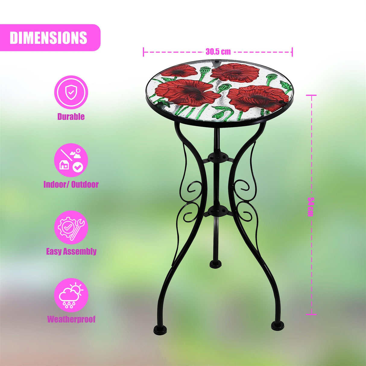 Round Side Mosaic Garden Table With Poppies Design by Geezy - UKBuyZone