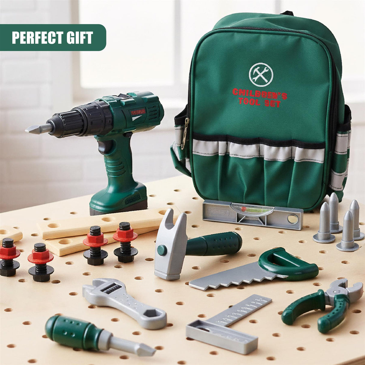 A green and white toy tool set with a green tool bag and various tools, including a hammer, screwdriver, and pliers, on a wooden workbench. - UKBuyZone