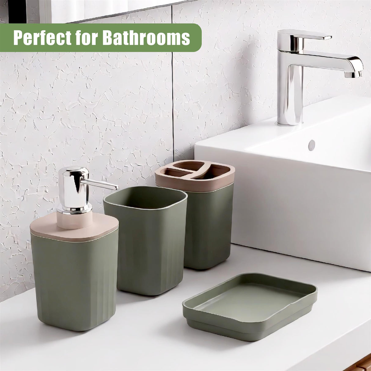 Sage green bathroom accessories including dispensers, storage containers, and a dish resting on a white counter surface.