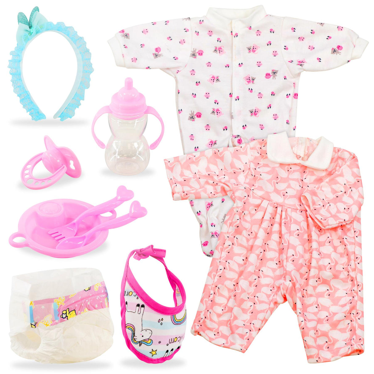 Doll accessories set featuring a tiara, feeder toys, floral apparel, and various pieces of patterned pink clothing.