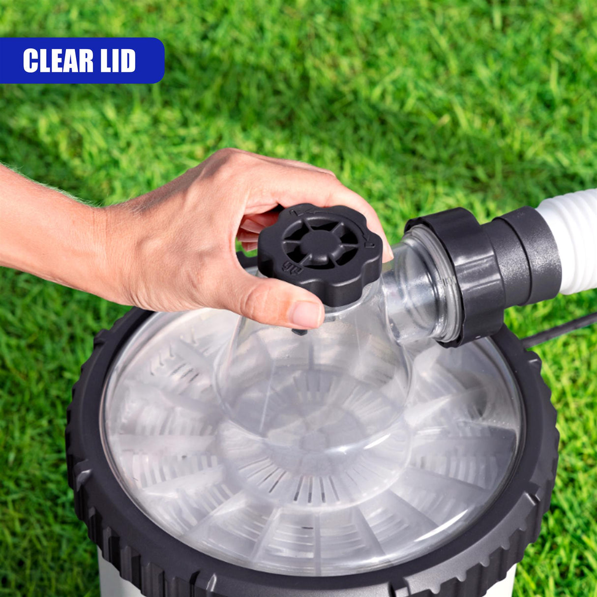 Hand coupling a filtration system component to a visible pool filter basin.
