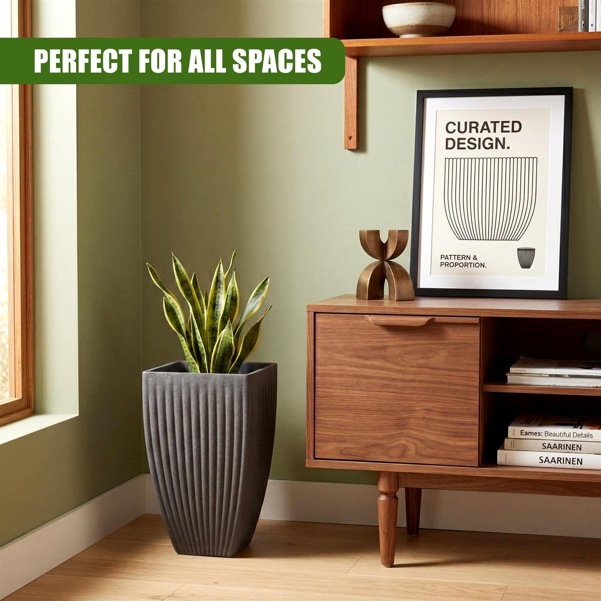 Gray, ribbed square pot containing green foliage; dimensions are forty by sixty centimeters.