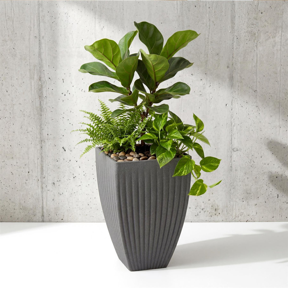 Gray ribbed planter pot containing a lush arrangement of mixed green foliage and assorted plants.