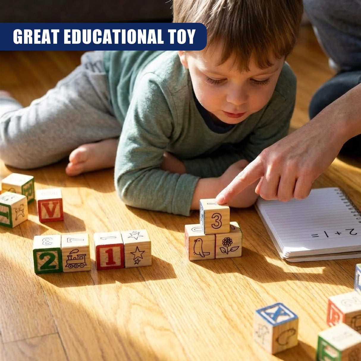 Colorful wooden blocks featuring numbers, letters, and symbols are arranged on the floor.