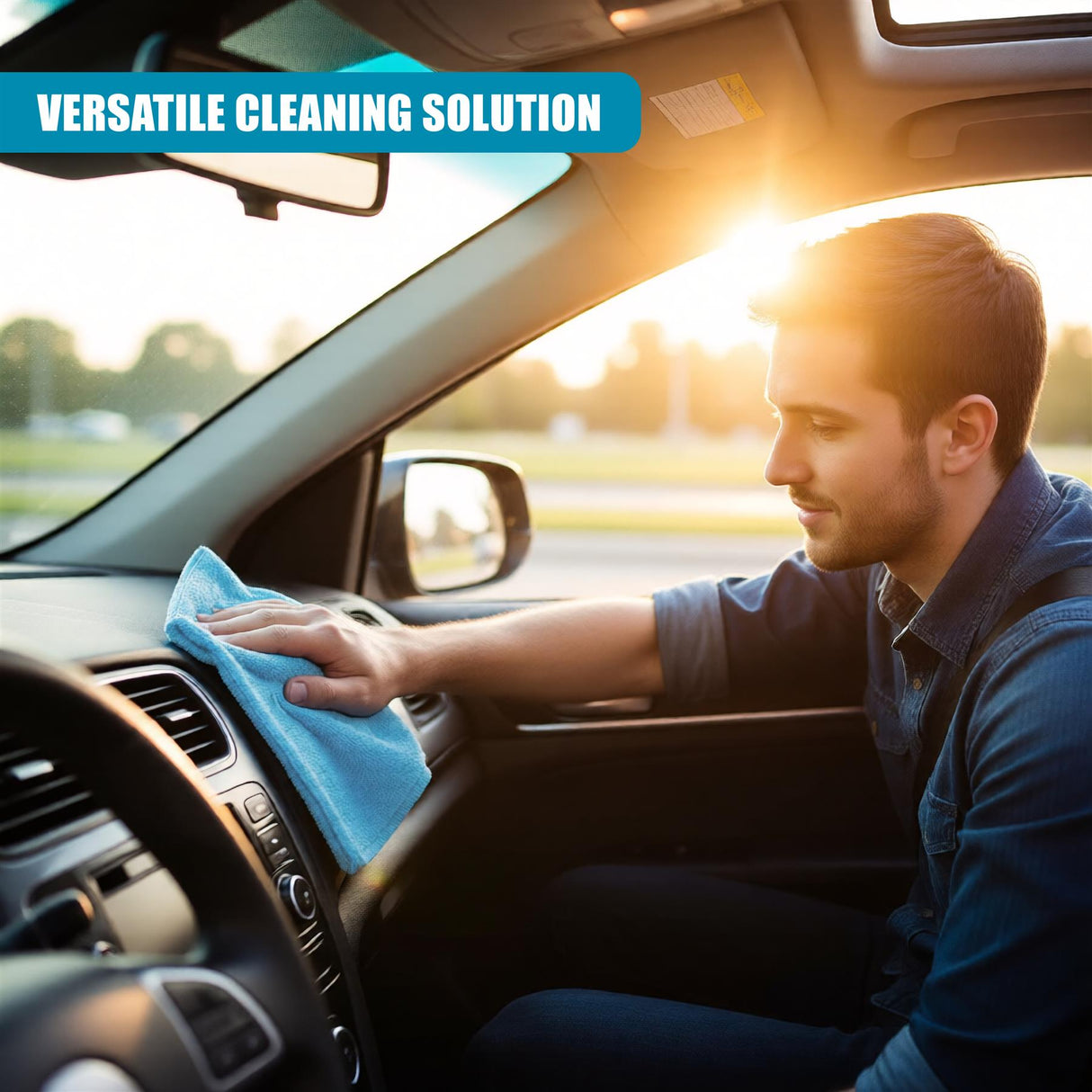 A man uses a blue cloth to wipe the dashboard of a vehicle interior.
