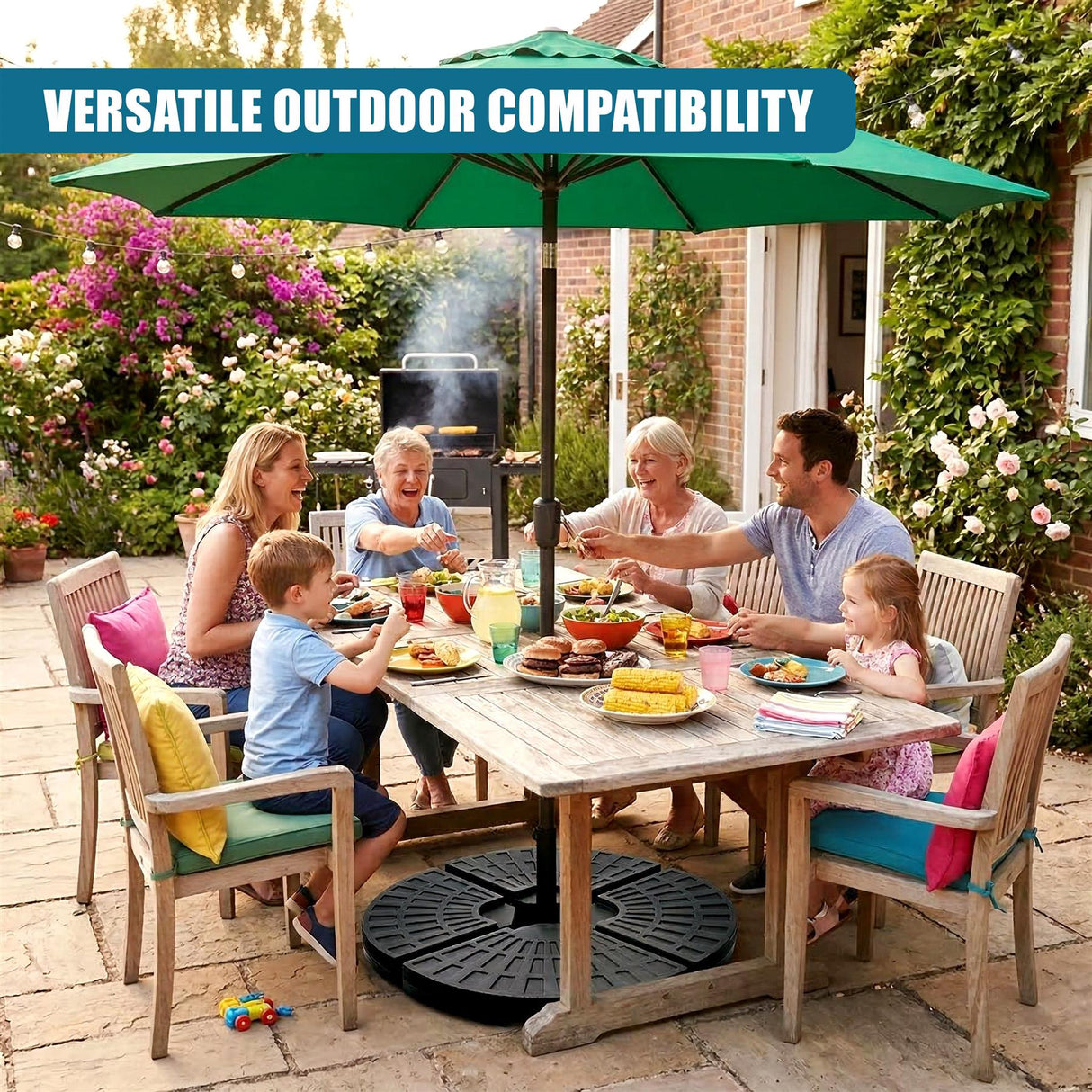 Green canopy parasol supported by a central pole and resting on a round pedestal base.