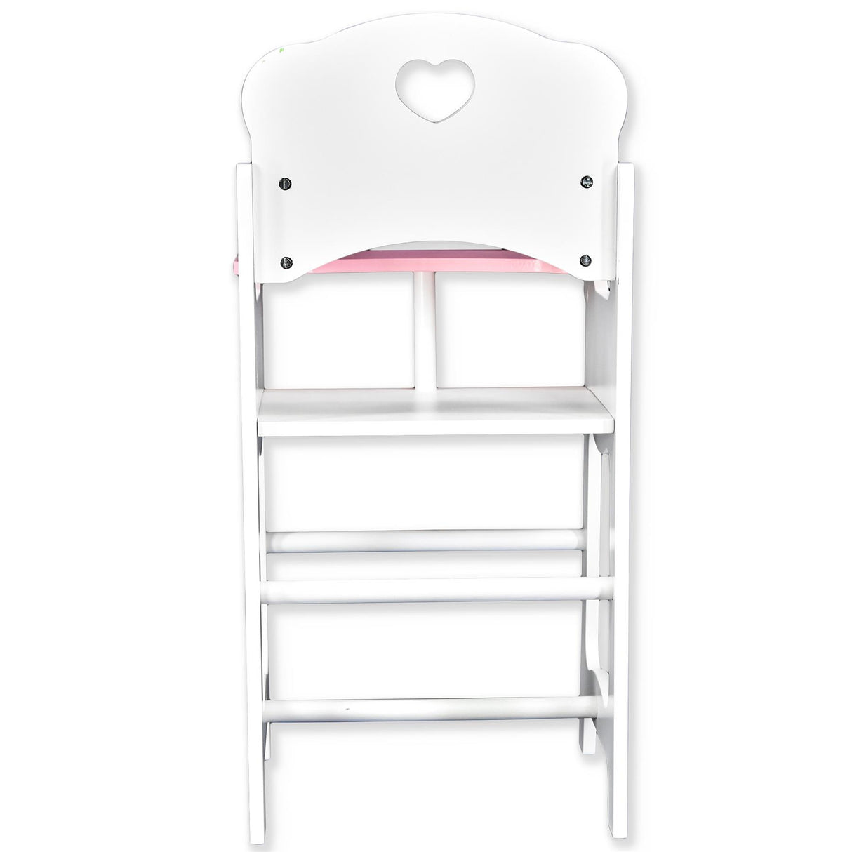 This is a product image of a white, heart-shaped high chair with four metal rungs and a pink cushion inside. - UKBuyZone