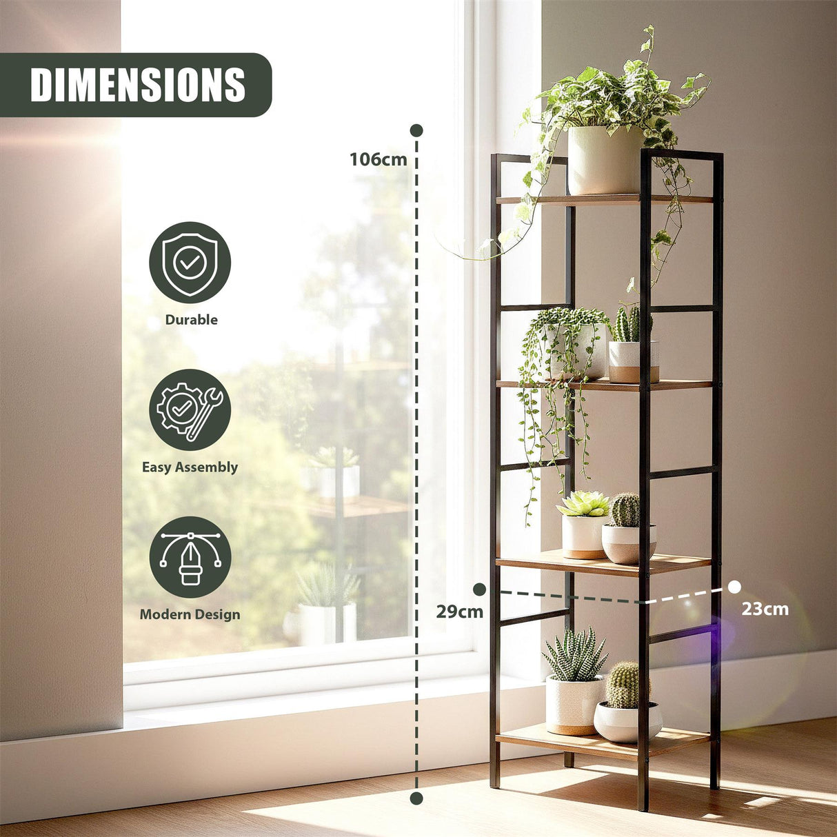 Four-tiered black metal shelving unit designed for holding various potted plants and decor items.
