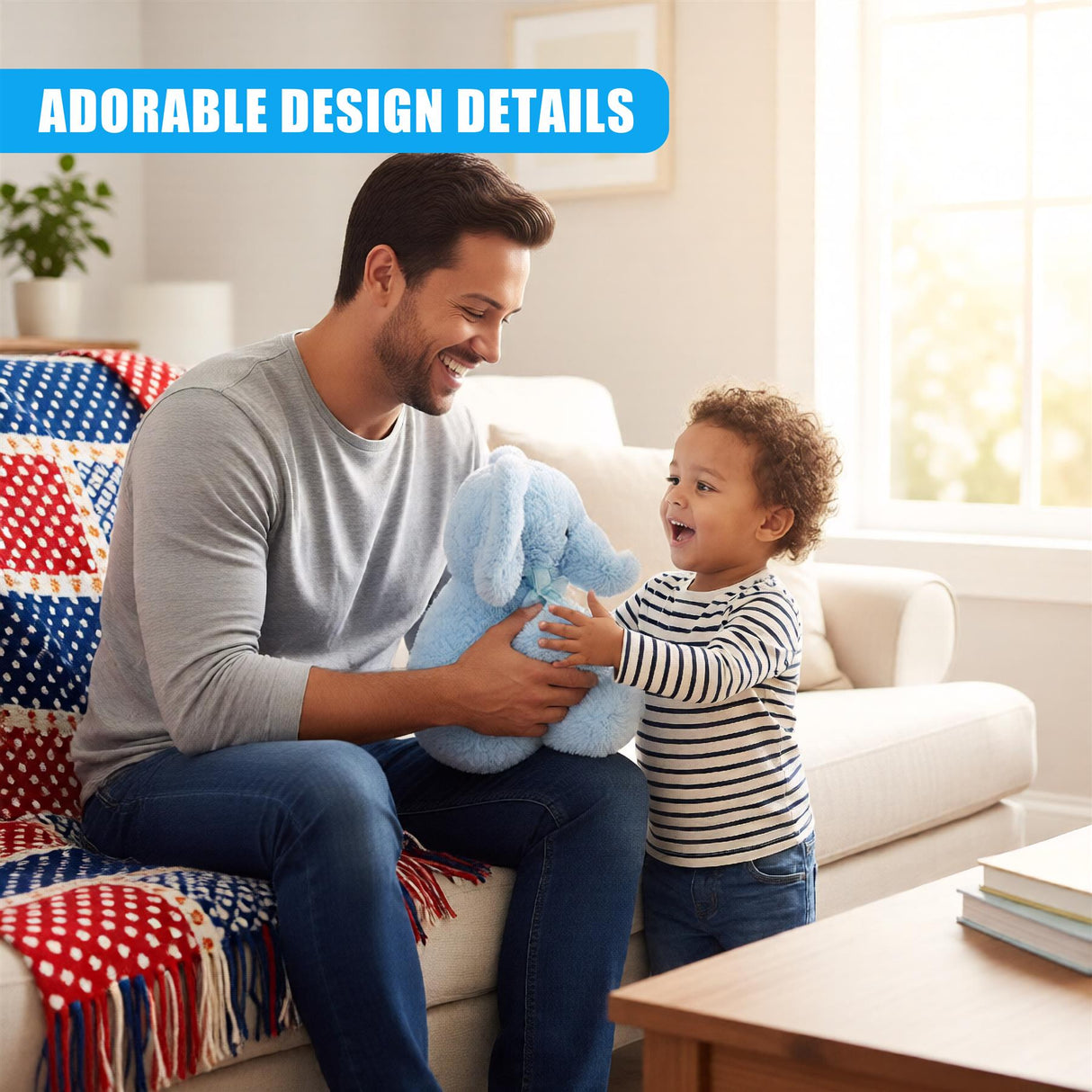 A cute blue plush elephant sitting on a couch between a man and a child, with the child smiling at it. - UKBuyZone