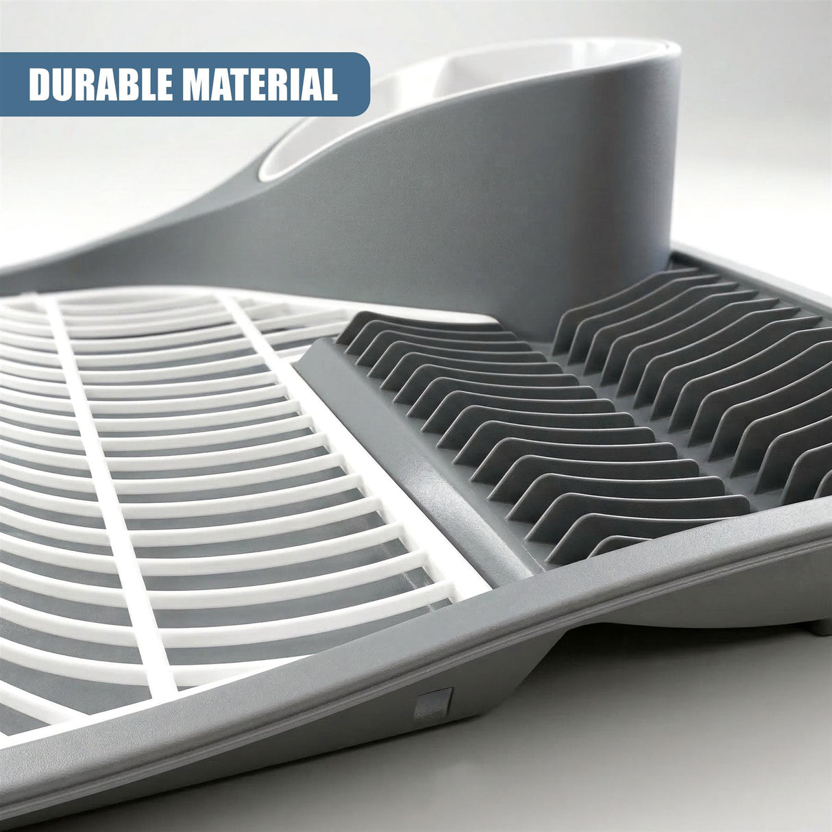 Dish drying rack featuring separate slotted areas for plates and contoured sections for glassware.