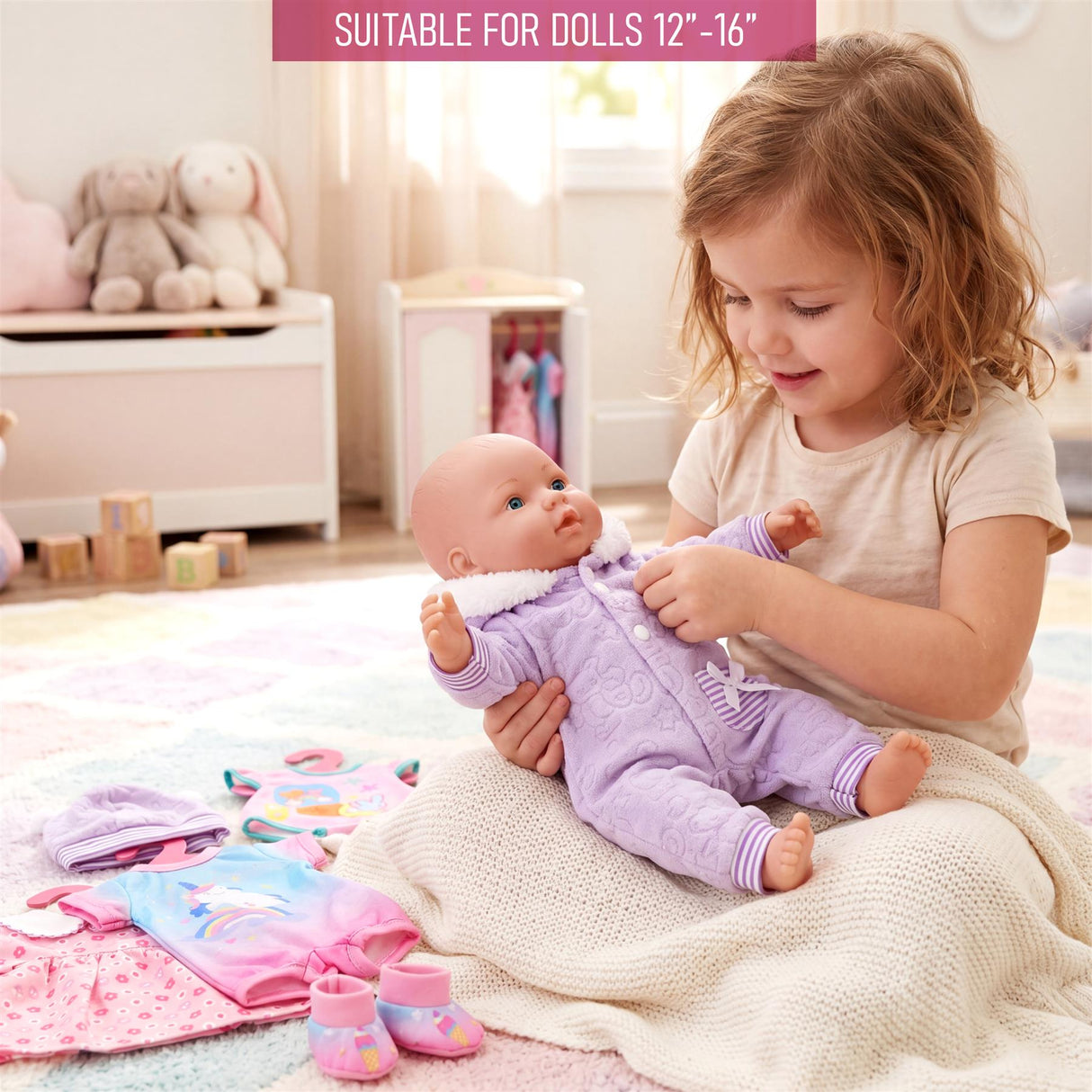 A girl dresses a doll in a purple outfit among various colorful doll accessories and clothing items.