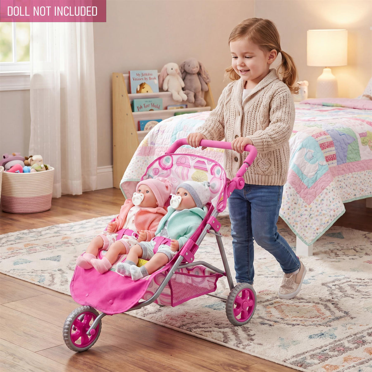 3 Wheeler Twin Doll's Pushchair, Pink