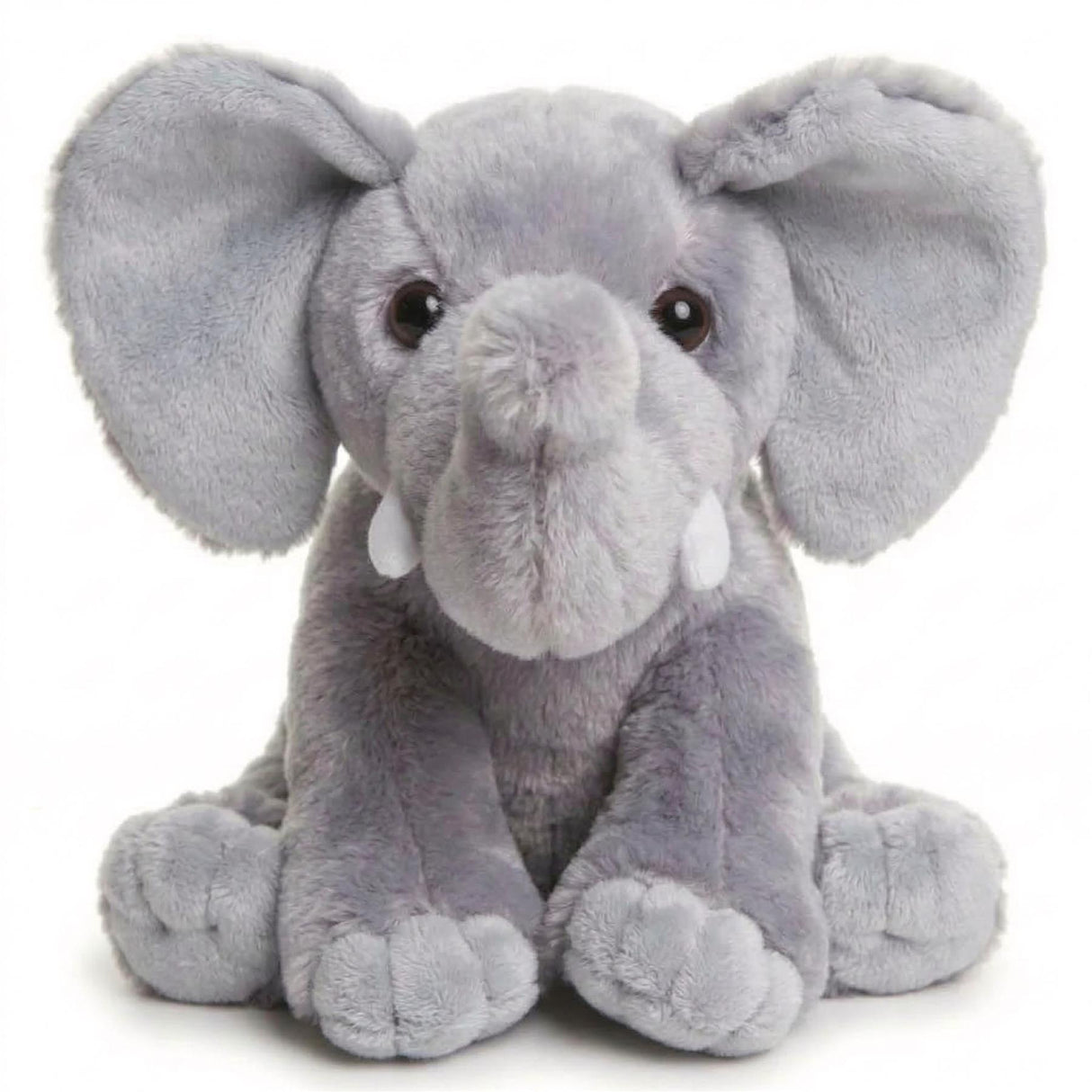 A gray stuffed elephant plush toy seated with large ears and a prominent gray trunk.