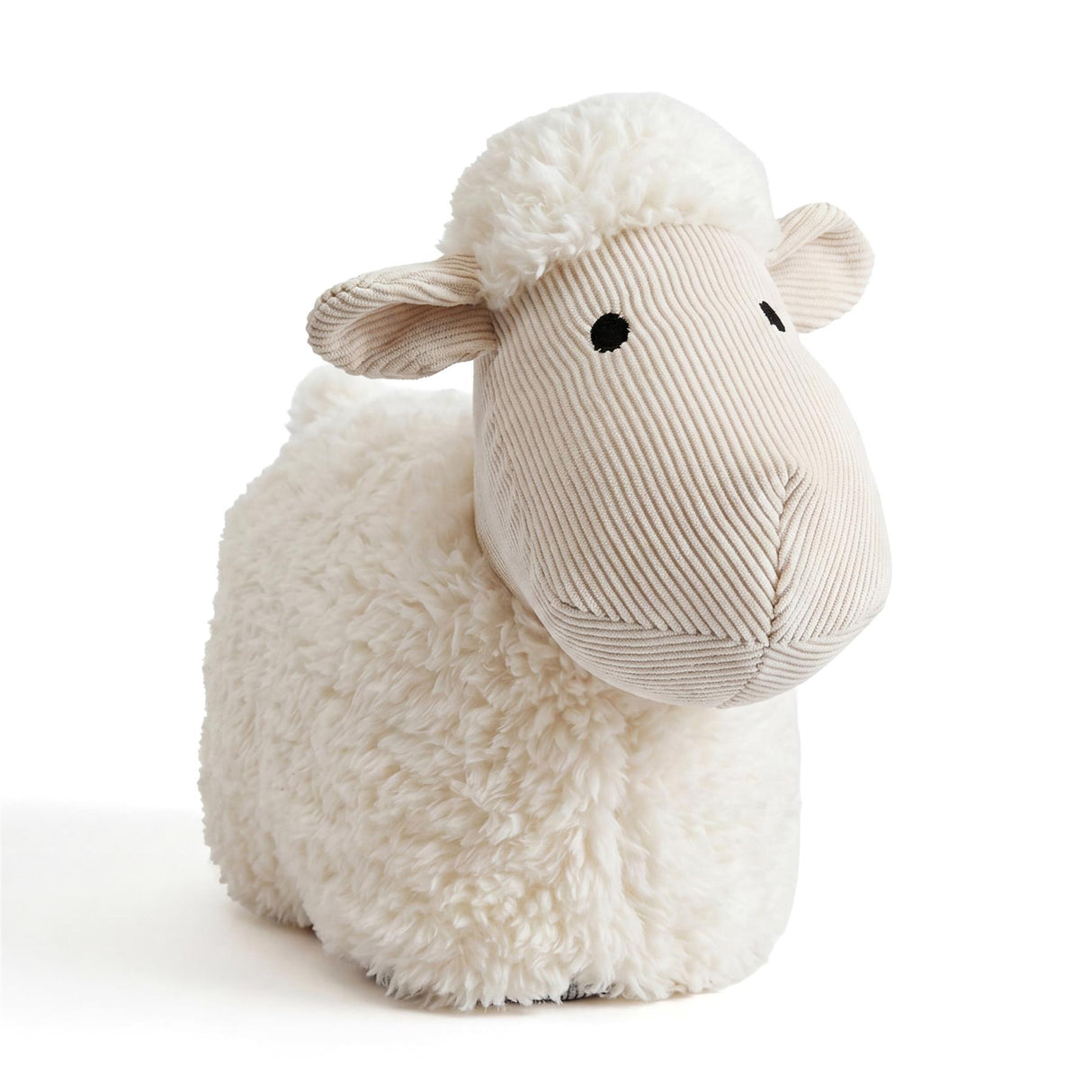 Cream-colored stuffed novelty door stopper shaped like a fluffy sheep with a striped face.