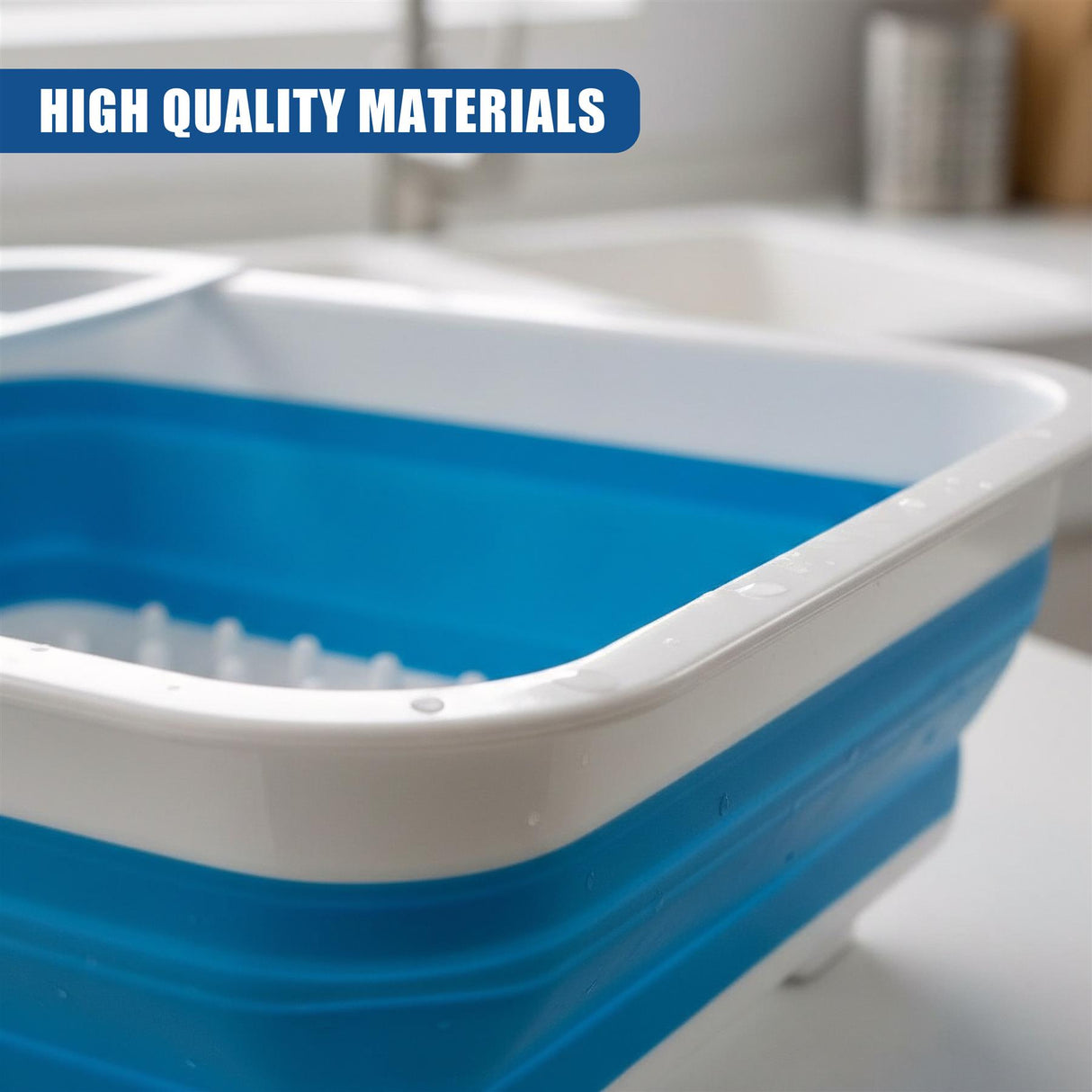 A rectangular, two-tone blue and white plastic dish drainer is visible resting on a kitchen counter.