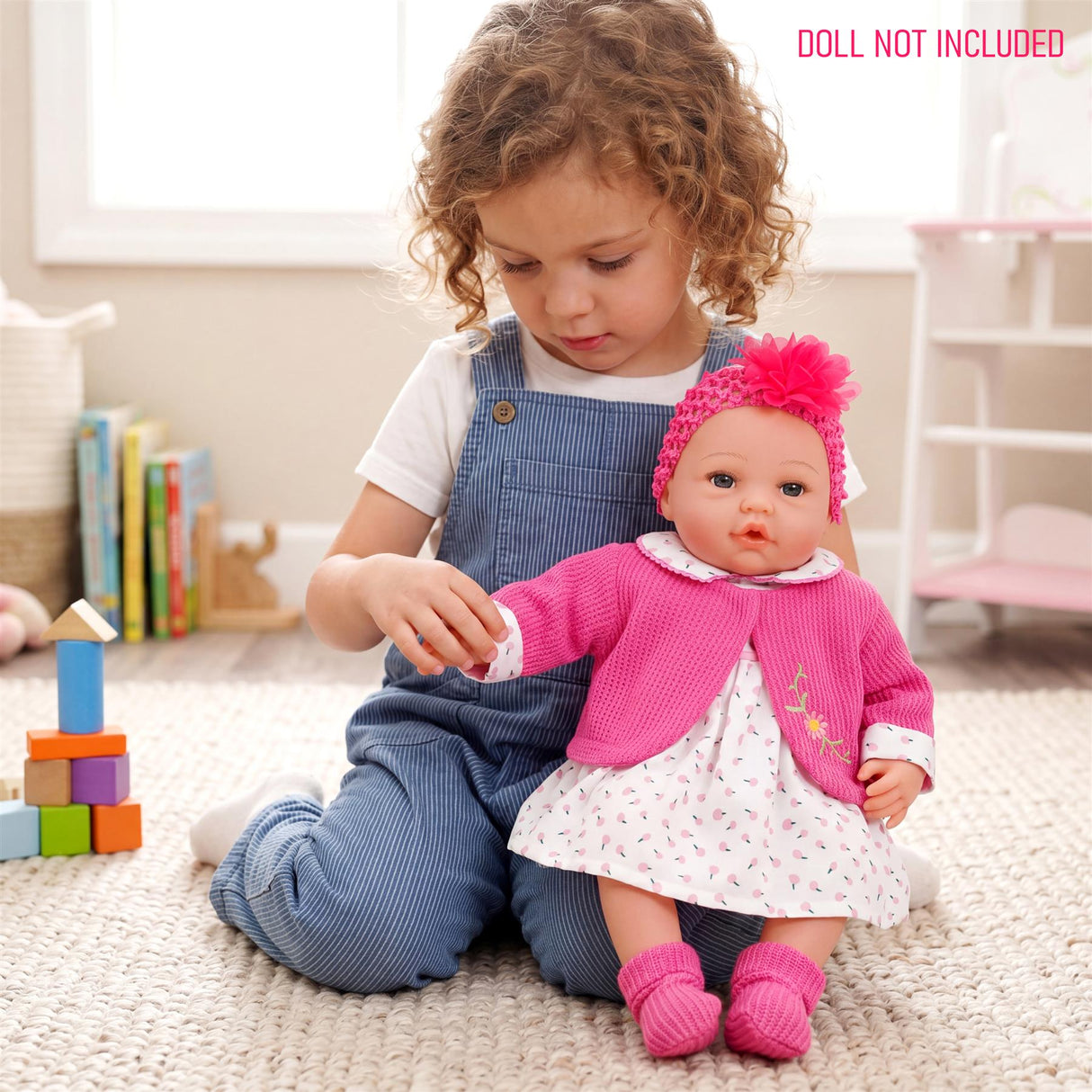 Reborn doll dressed in hot pink cardigan, patterned skirt, and knit matching hat.