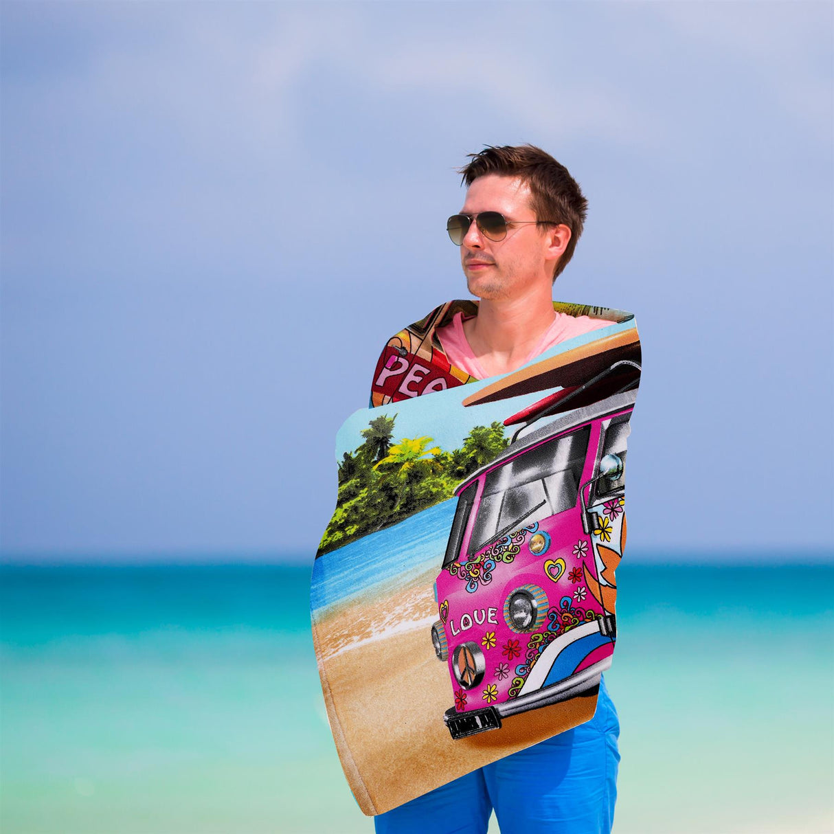 Pink & Blue Summer Bus Design Large Towel Set by Geezy - UKBuyZone