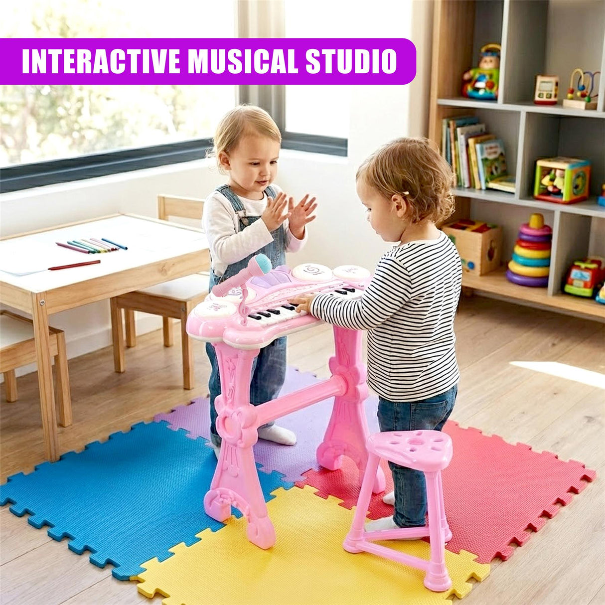 Pink Piano Toy with Microphone and Stool
