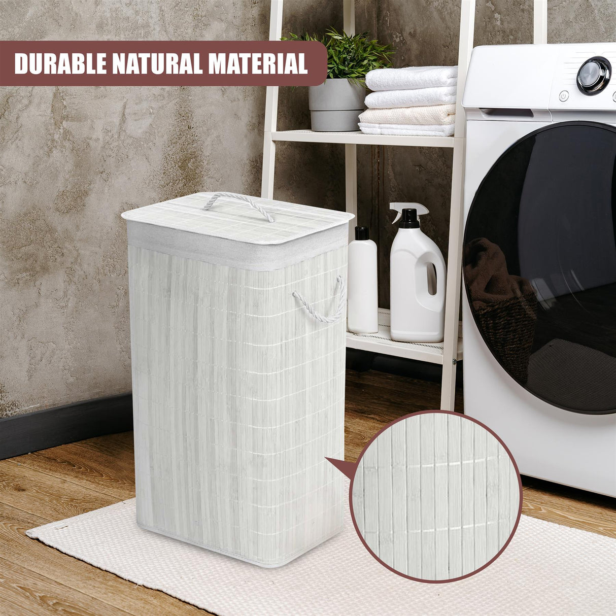 Rectangular Bamboo Laundry Hamper with Lid, White by GEEZY - UKBuyZone