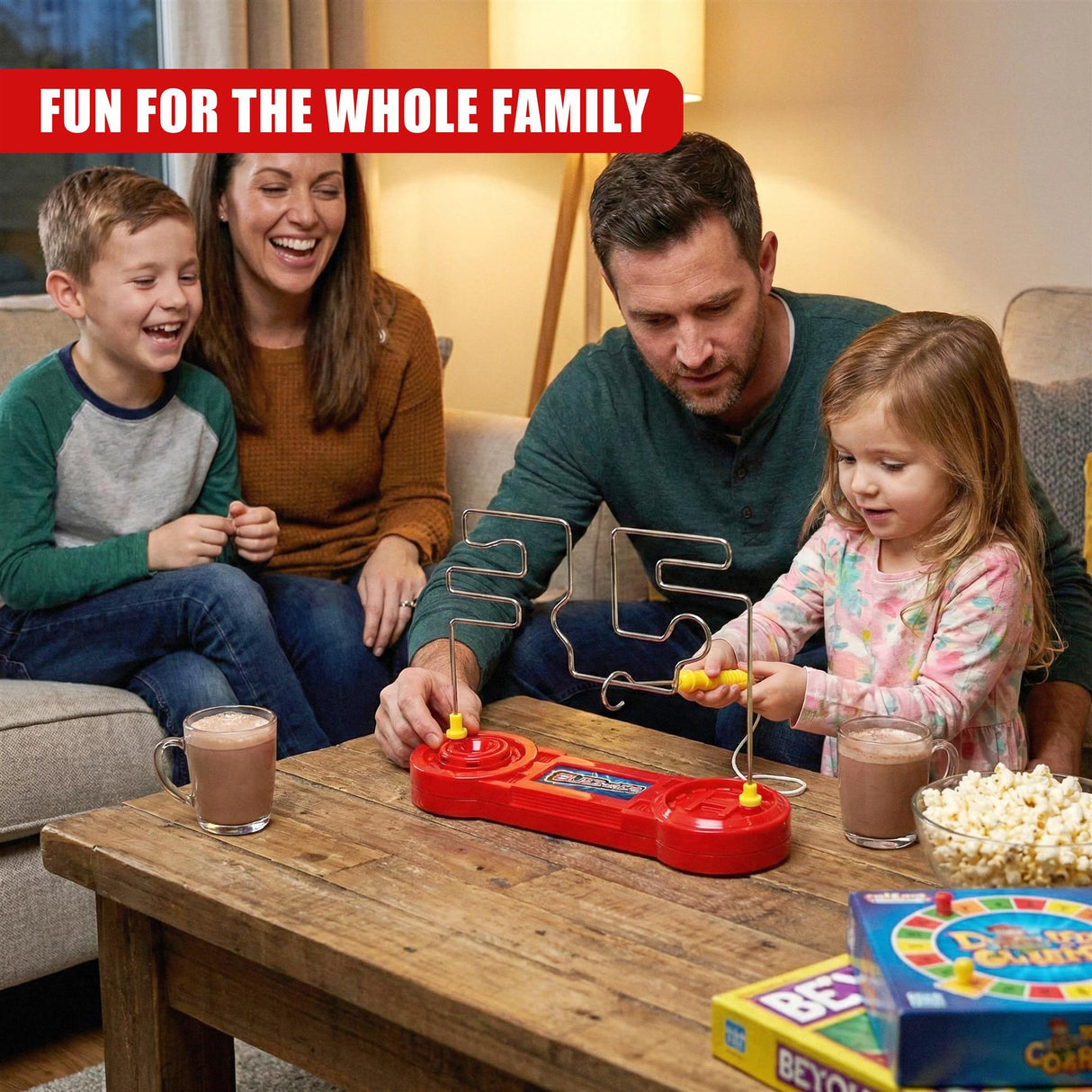 A family plays the wire game, placing connected wires into the red base unit on a wooden table.