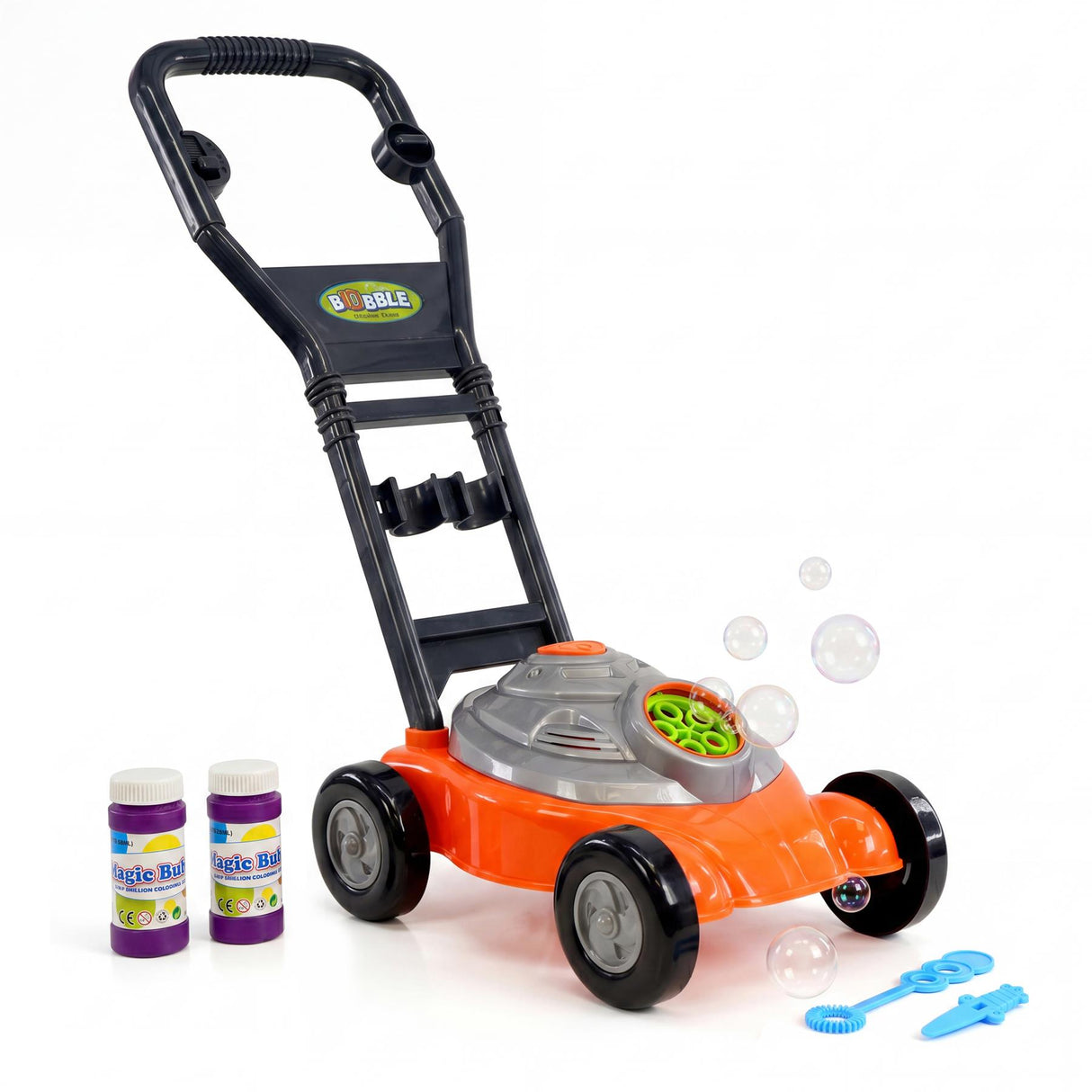 Toy bubble mower features an orange body, black handle, four wheels, and two purple liquid bottles.