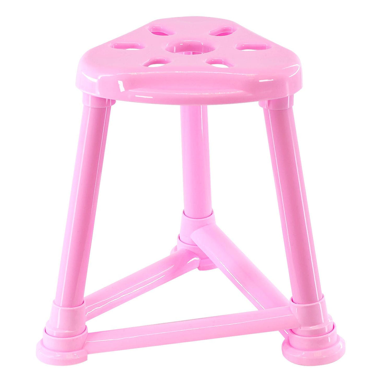 A pink, plastic stool with a sturdy base and four legs, featuring a flat, circular seat with a series of holes for ventilation and stability. - UKBuyZone