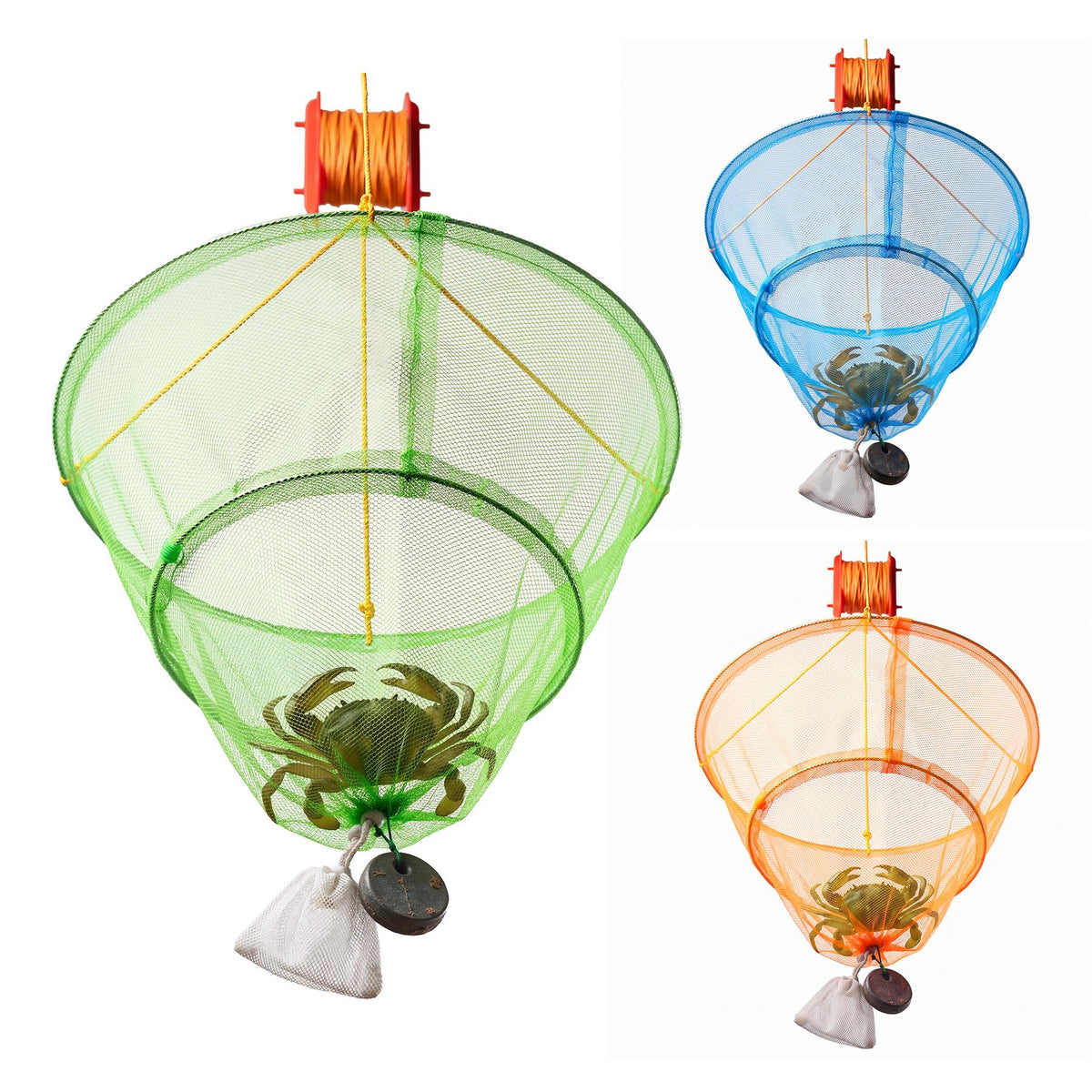 Three crab drop nets in green, blue and orange with weights and bait bags shown against a white background