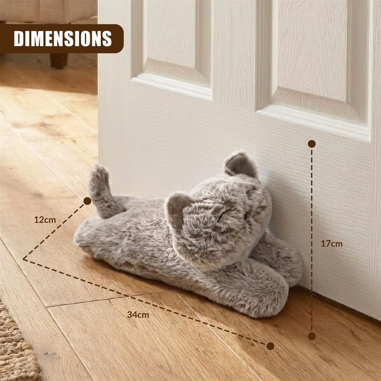 "A soft, grey cat-shaped door stopper with a brown nose and paws, designed to provide dimensions in inches for customers." - UKBuyZone