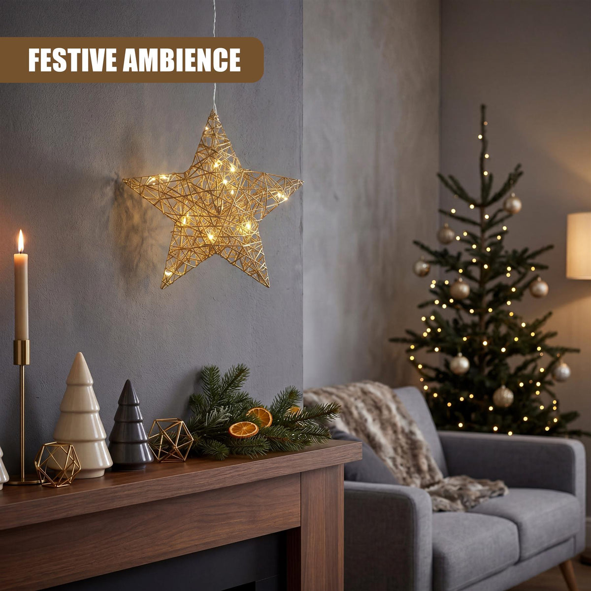 A hanging champagne gold Christmas star with warm white lights is displayed above a wooden mantelpiece decorated with