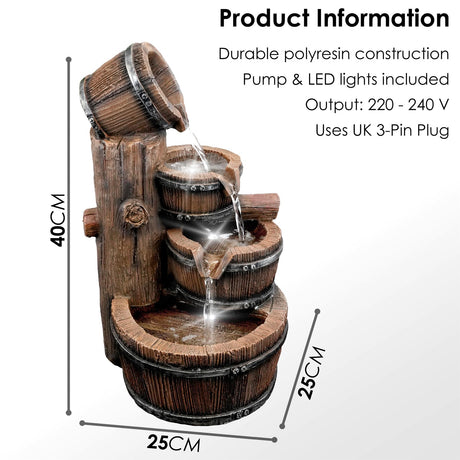 Barrel Water Feature Outdoor With LED by GEEZY - UKBuyZone