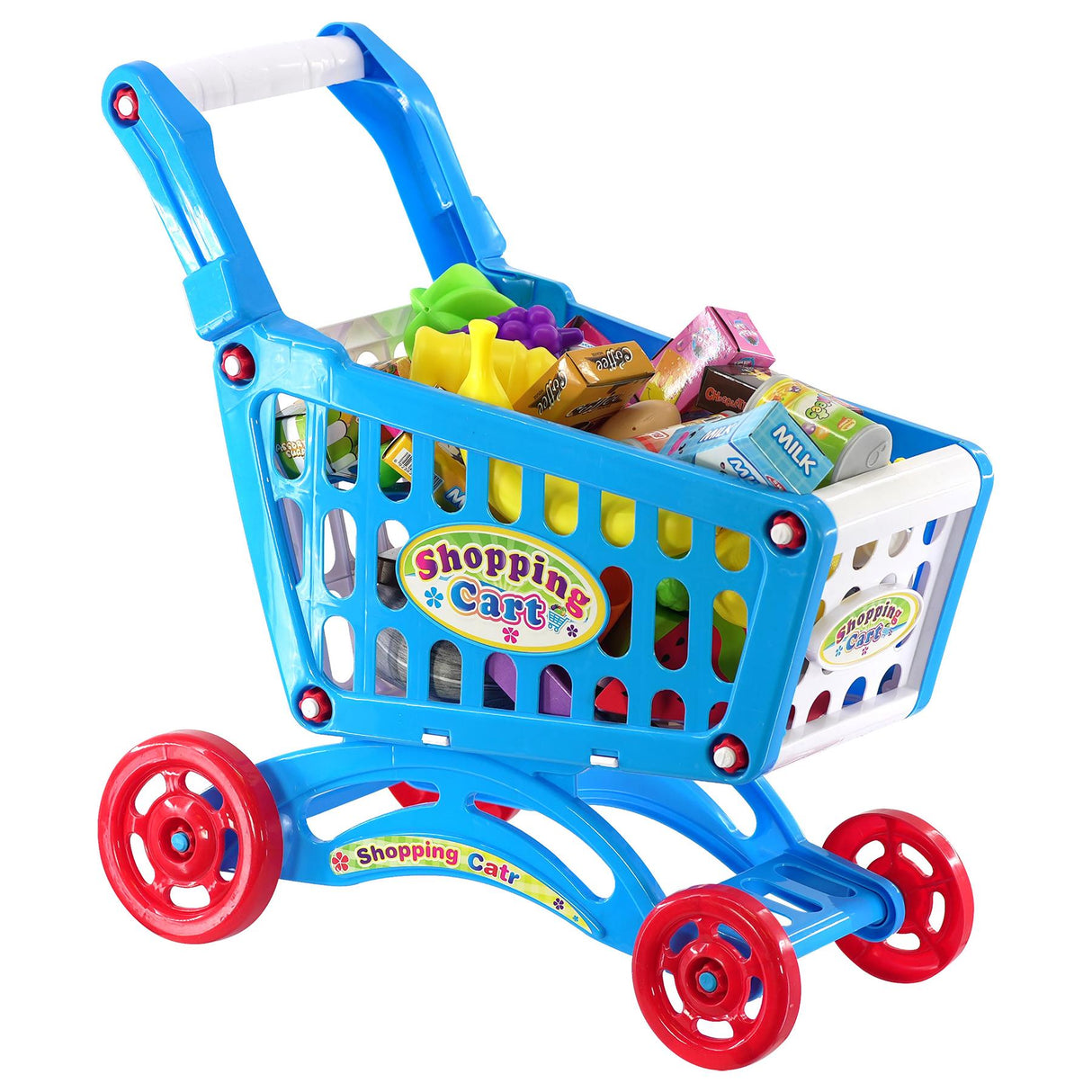 "Colorful child's play shopping cart filled with toy food items, including candy and vegetables." - UKBuyZone