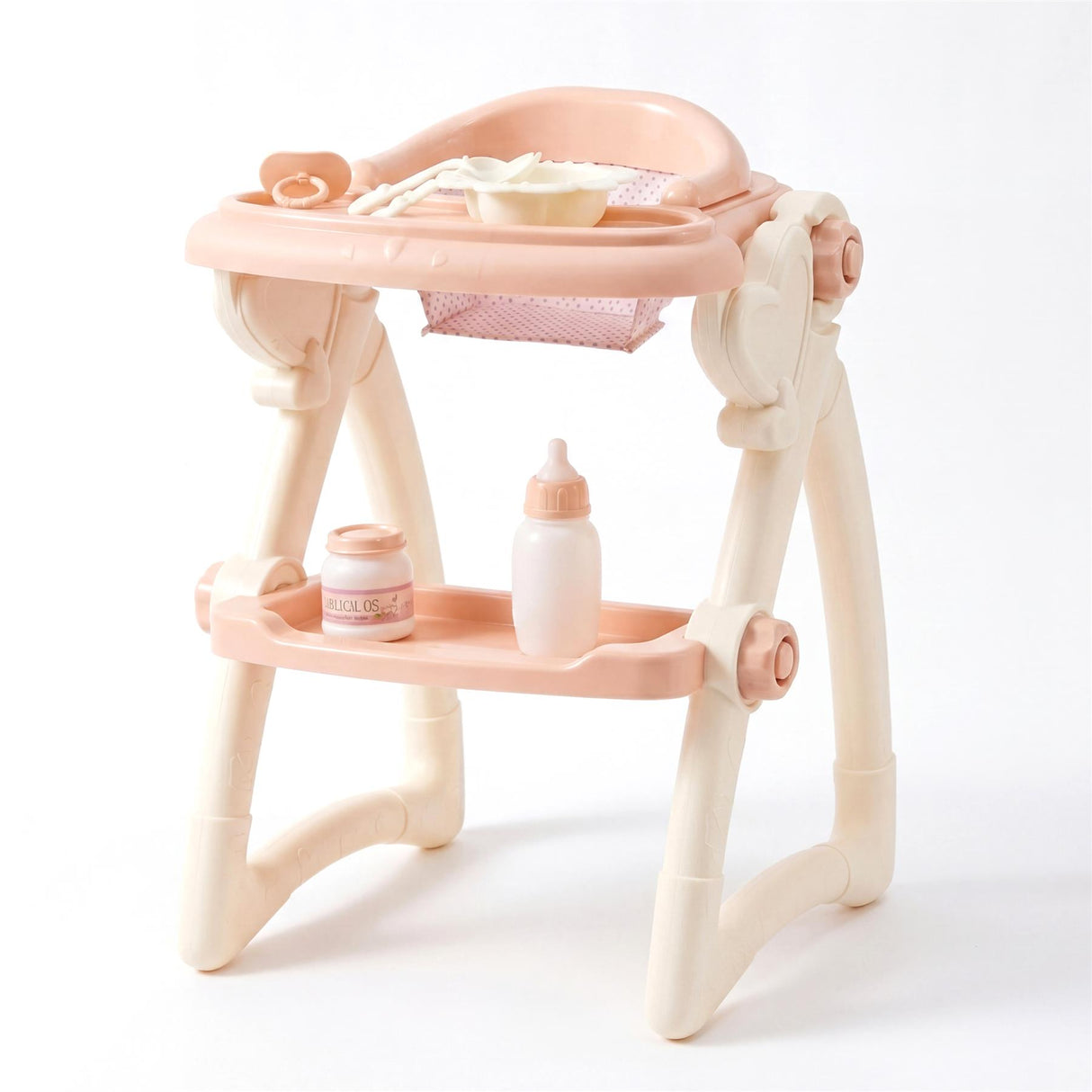 Doll high chair set featuring pink trays and accessories, including a bottle and small bowl.