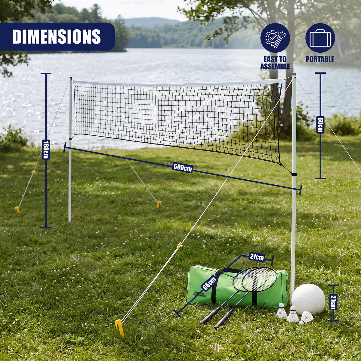 A diagram showing a 2-in-1 complete badminton and volleyball set on grass by a lake, displaying dimensions and accessories